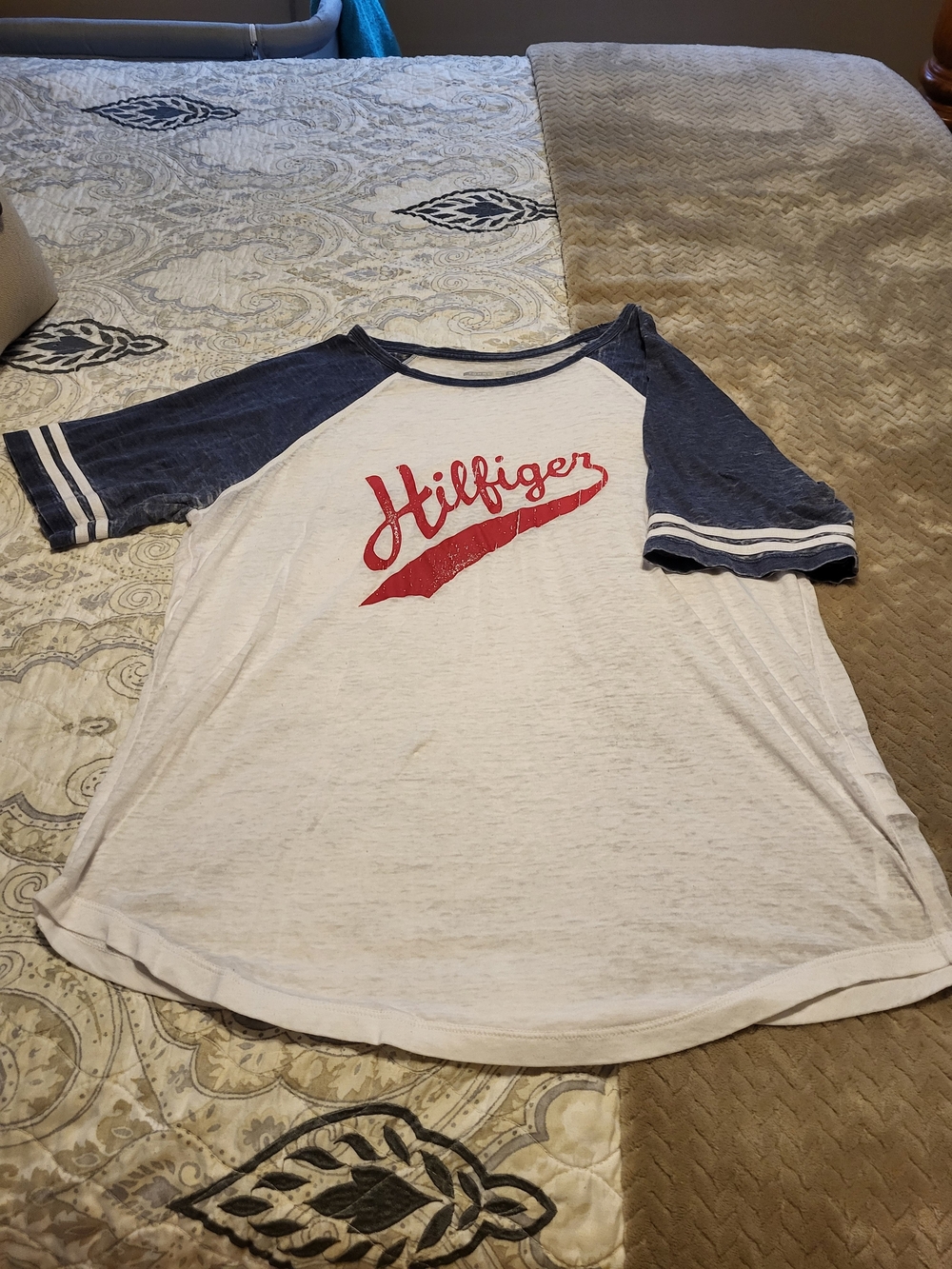 Tommy Hilfiger White Tee with Navy Raglan Sleeves and Red Script